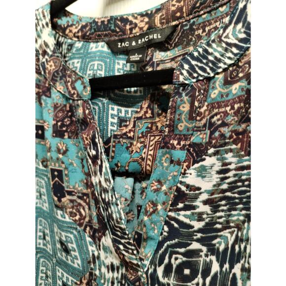 Zac & Rachel Size Large Geometric Patchwork Brown Blue Split Neck 3/4 Sleeve Top - Picture 4 of 7